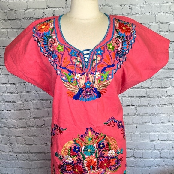 Mexican Embroidered Coral Floral Caftan Shift Oaxacan Peasant Boho Dress XL NWOT - Picture 4 of 16